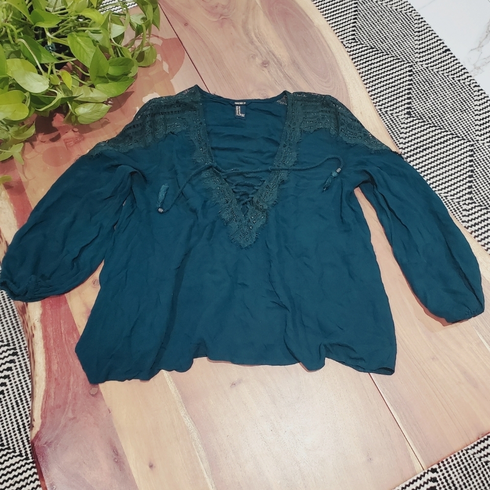 F21 Embroidered Teal Strappy Front Loose Blouse